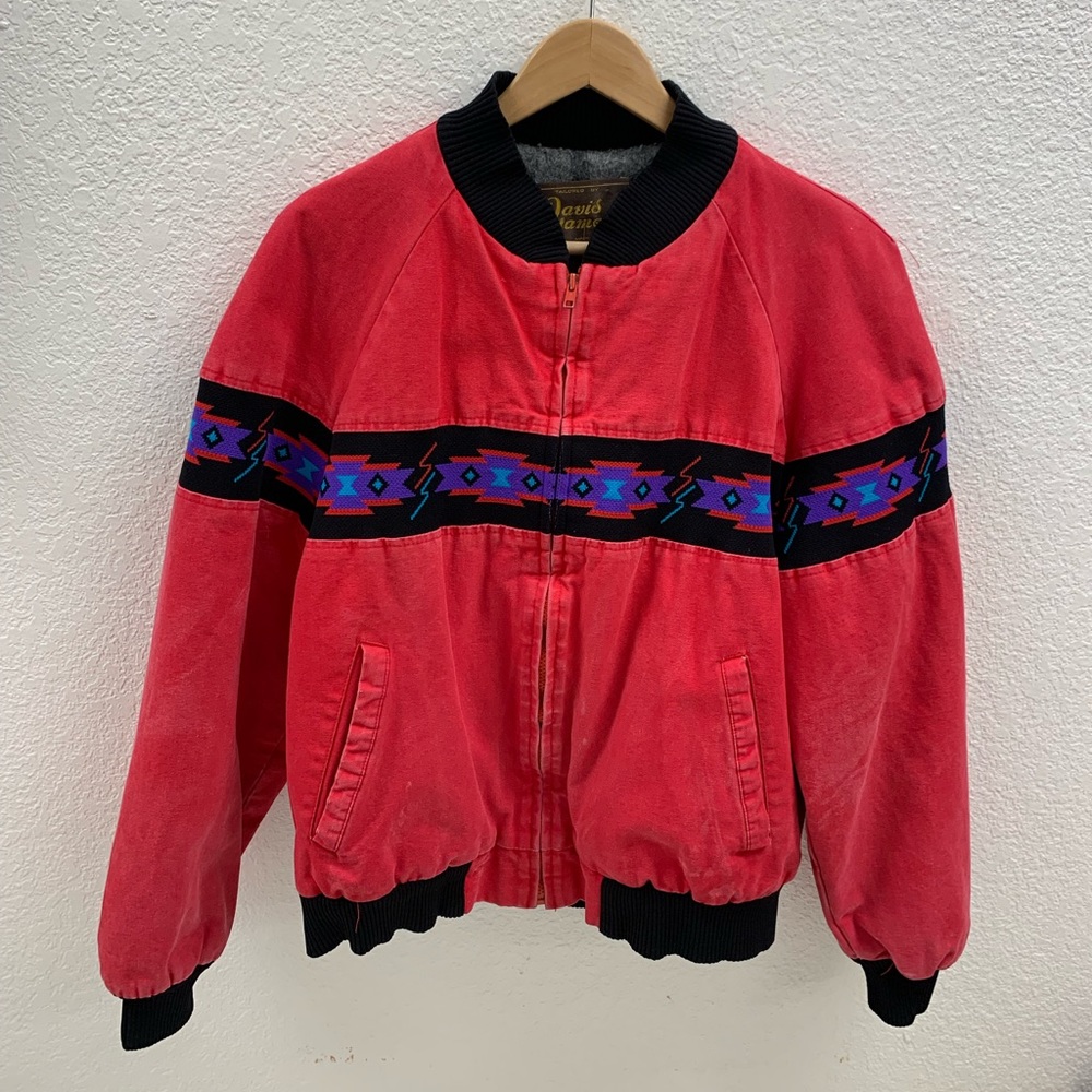 Vintage David James Red Bomber Jacket Blanket Lined Embroidered Aztec Red Medium